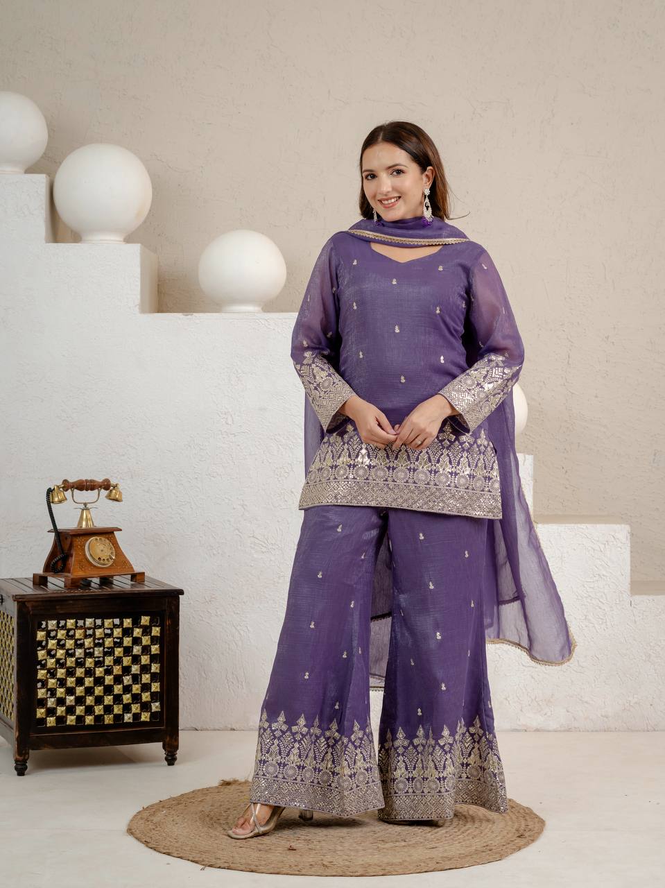 Elegant Lavender Embellished Kurta and Flared Sharara Set Featuring Intricate Silver Zari Embroidery and a Sheer Matching Dupatta